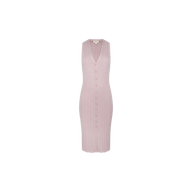 The Domino Dress is a sleeveless, light pink knee-length knit dress featuring a V-neckline and button details down the front. This elegant midi dress is perfect for any occasion and is displayed on a plain white background.