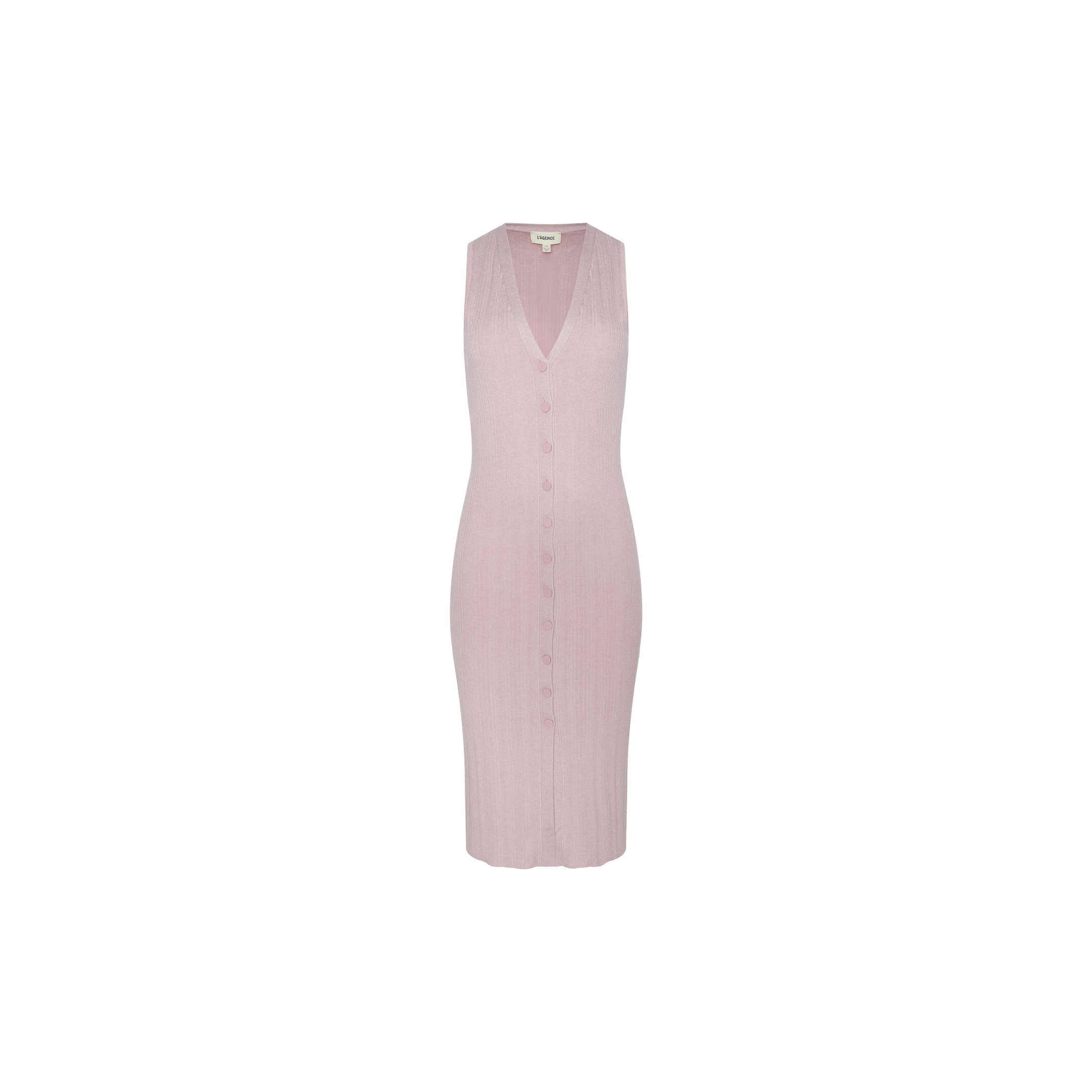 The Domino Dress is a sleeveless, light pink knee-length knit dress featuring a V-neckline and button details down the front. This elegant midi dress is perfect for any occasion and is displayed on a plain white background.
