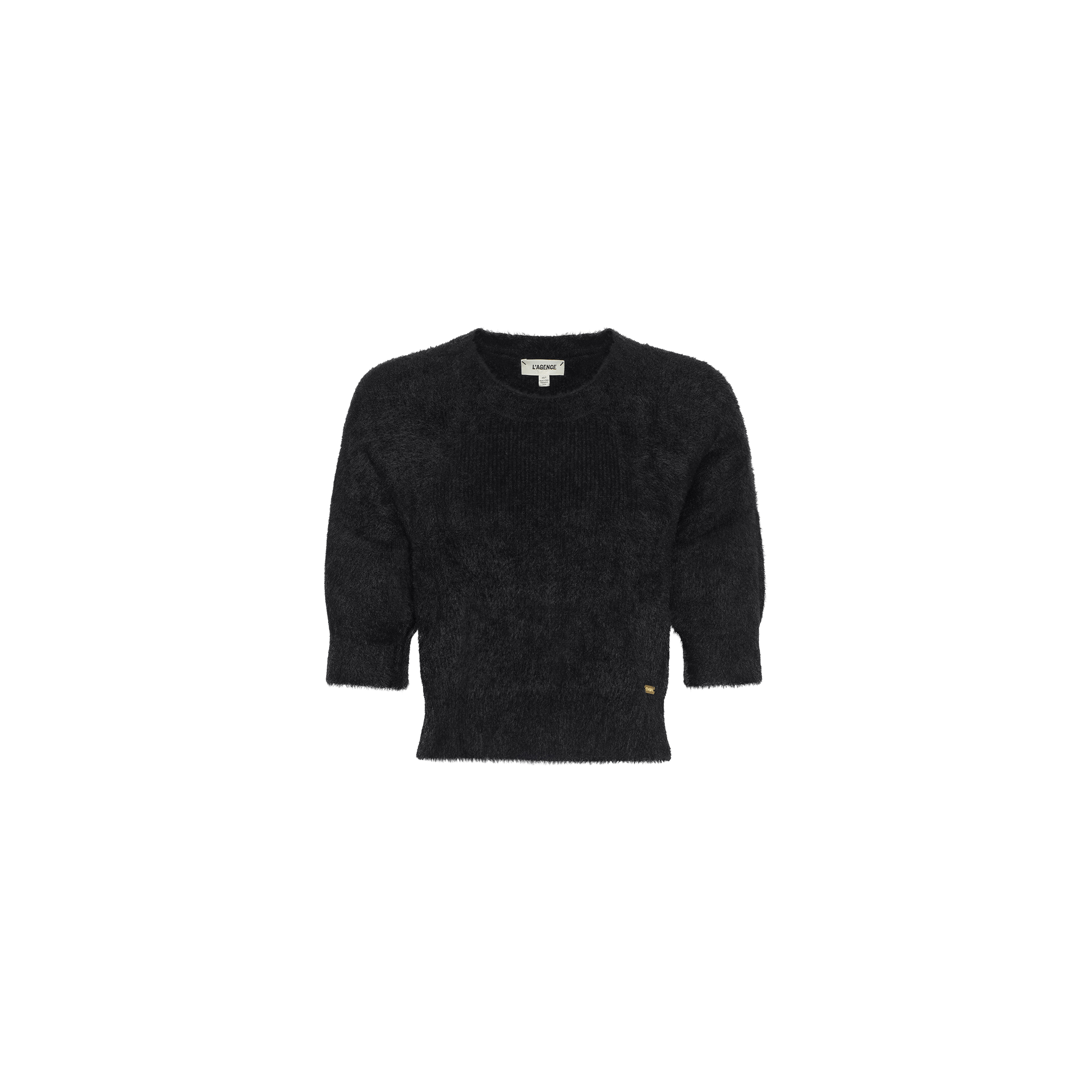 The Guinevere Cropped Pullover is a black, ultra-soft fuzzy knit crewneck sweater with short sleeves and a ribbed hem, featuring a cropped silhouette and shown against a plain white background.