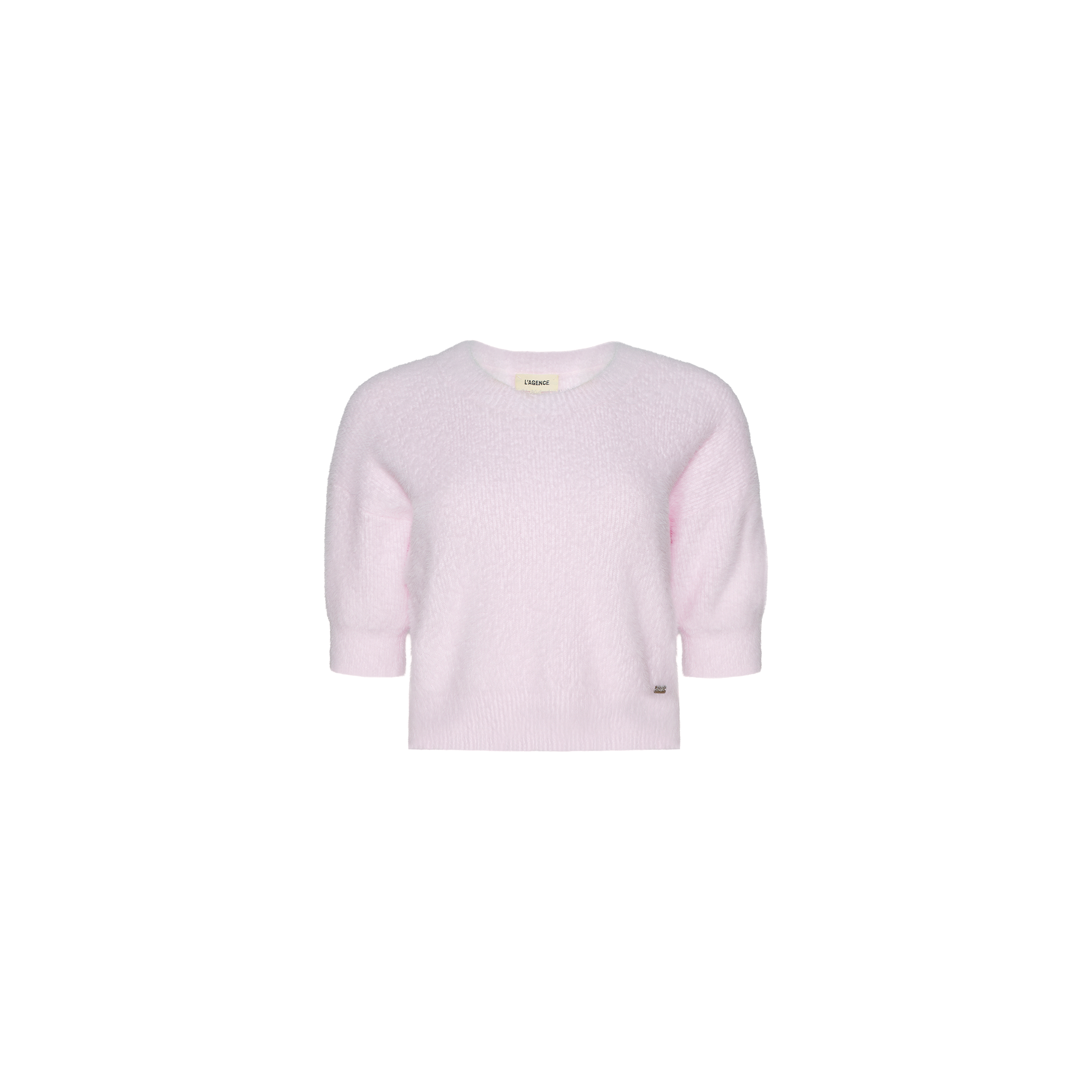 The Guinevere Cropped Pullover is a light pink, short-sleeve crewneck sweater crafted from soft, textured fabric. Featuring a relaxed fit and a small tag near the bottom hem, this pullover is displayed on a plain white background.