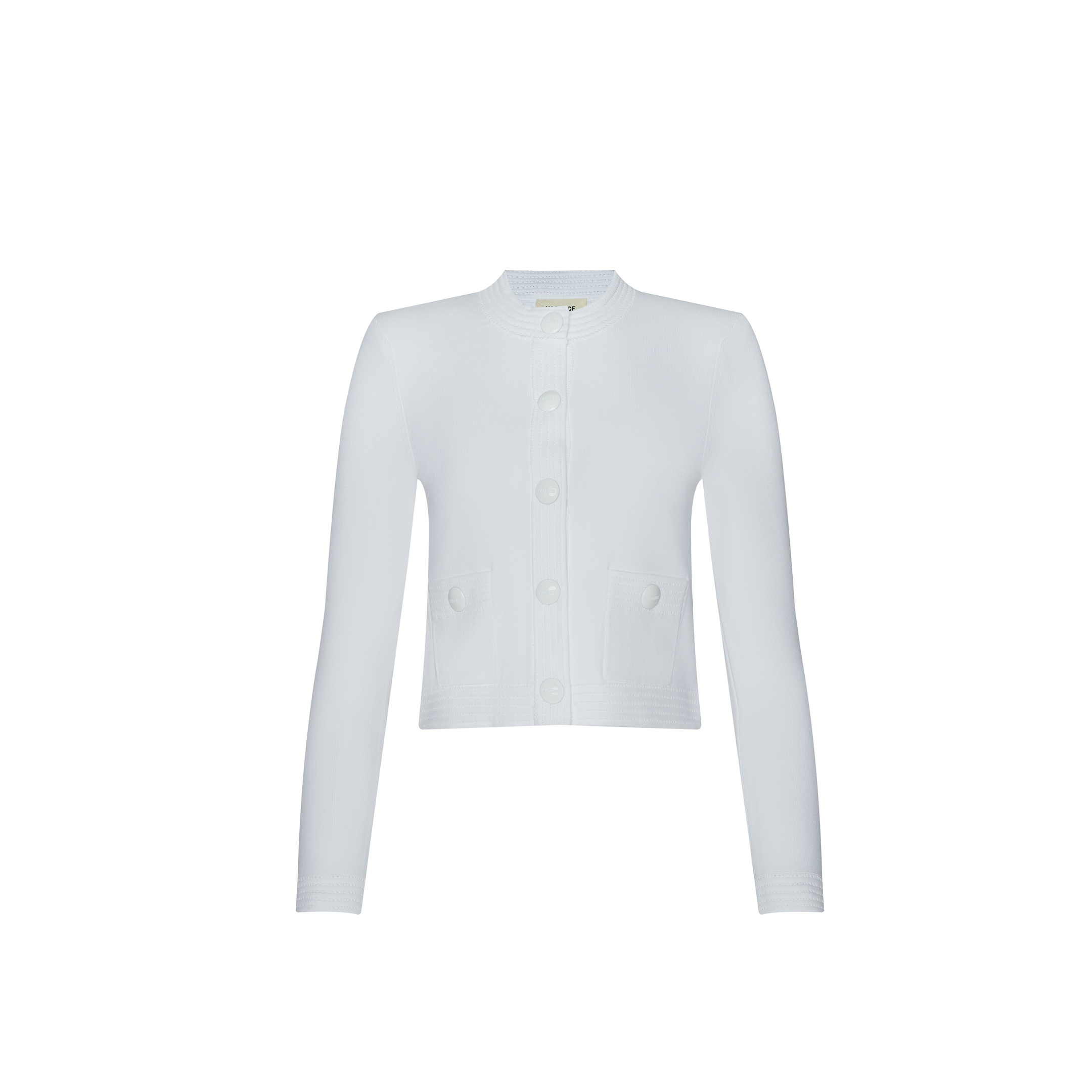 The Patsy Cropped Cardigan is a white, long-sleeve, button-up style with front patch pockets and a round neckline, finished with ribbed trims for a refined touch. Displayed on a plain white background.