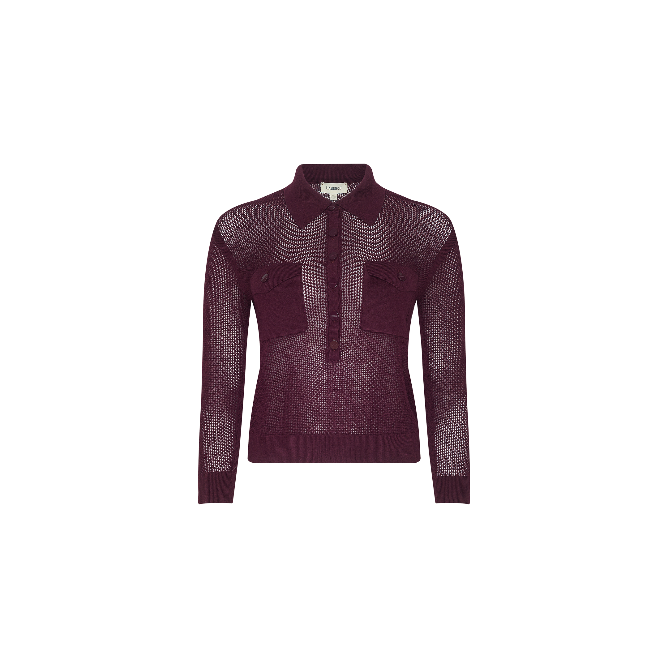 A burgundy Carine Top crafted from lightweight knit mesh features a collar, button placket, and two utility pockets on the chest, displayed on a plain white background.