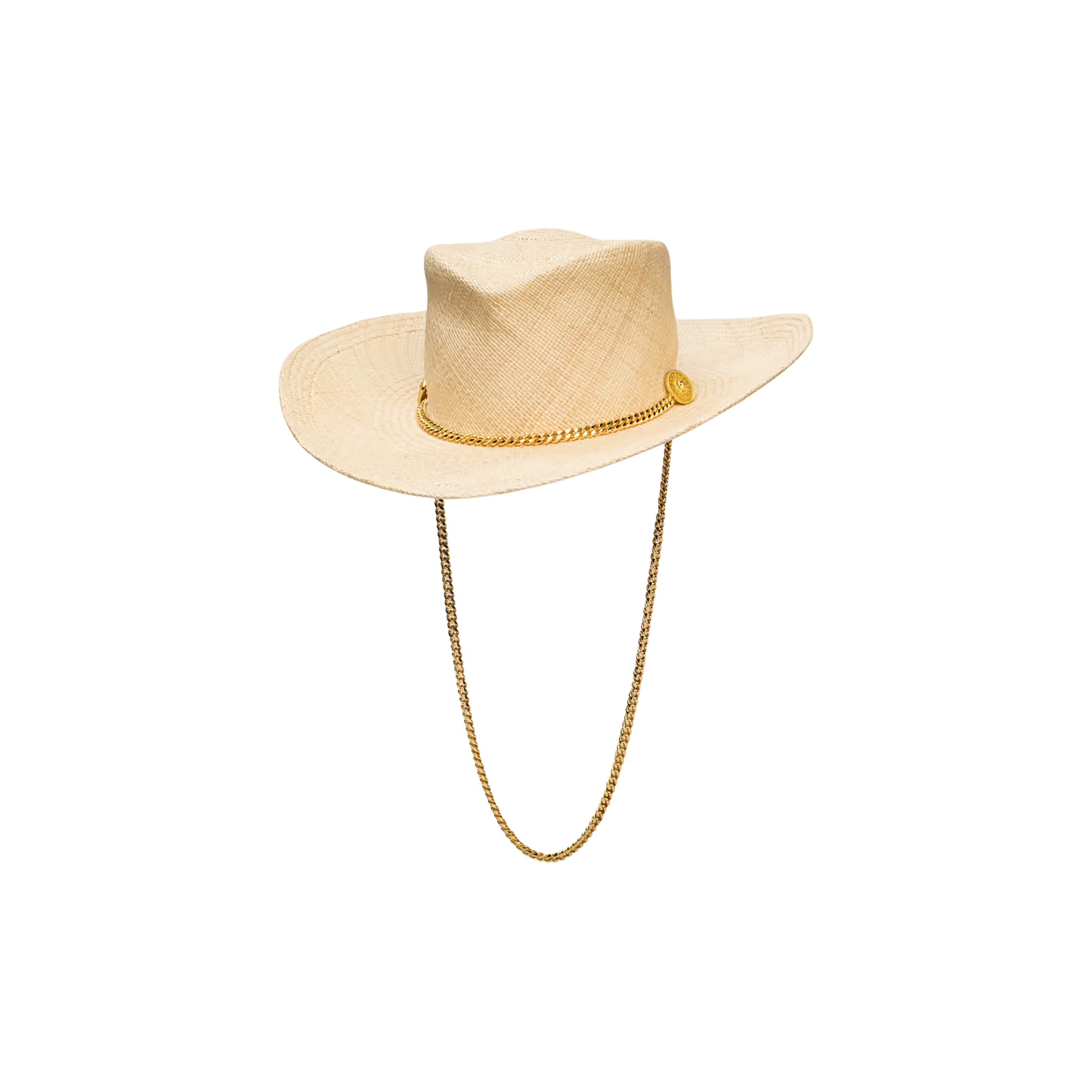 The Zamora Cowboy Hat, handcrafted in LA by Gladys Tamez Millinery, is a light tan woven-straw cowboy hat with a wide brim, adorned with a gold chain around the crown featuring a round gold medallion and an attached gold chin strap, shown on a plain white background.