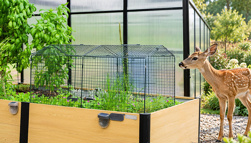 Raised garden bed protected by a Wire Garden Bed Cloche