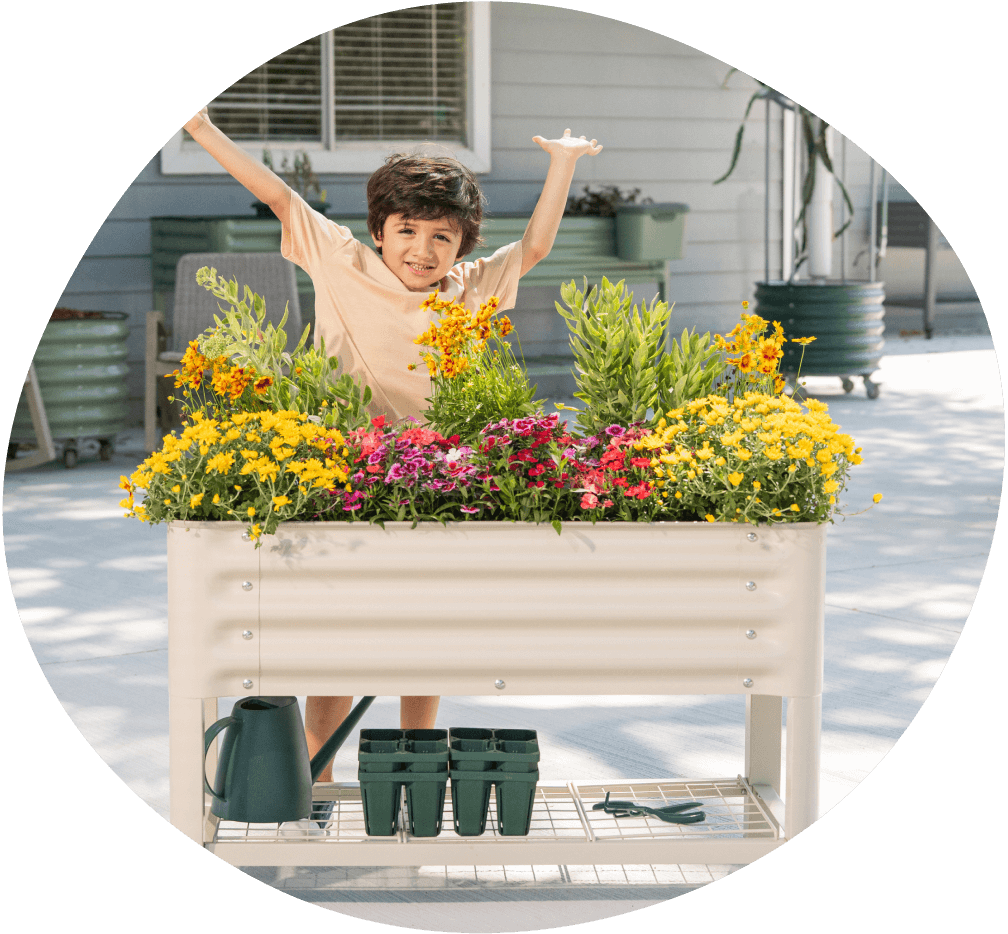 Child with Vego Garden Raised Garden Bed