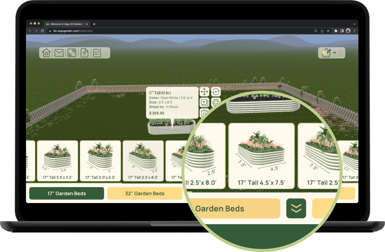 Drag and drop your choice of Vego Garden raised garden beds onto the canvas.