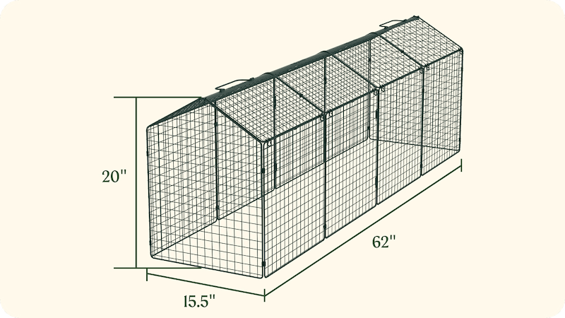 Vego Garden welded wire cloche measuring 62 inches long, 15.5 inches wide, and 20 inches high