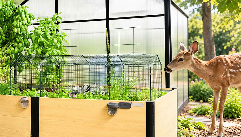 Vego Garden powder-coated wire cloche protecting plants in a raised garden bed from deer