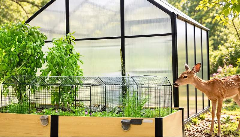 Vego Garden wire garden cloche extension protecting plants in a raised bed from deer