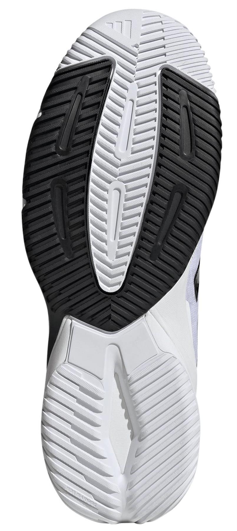 The image shows the sole of adidas Crazyflight 6 Men's Indoor Badminton Shoes in white, featuring black and white rubber with textured grooves for optimal grip and flexibility—perfect for men's indoor court play.
