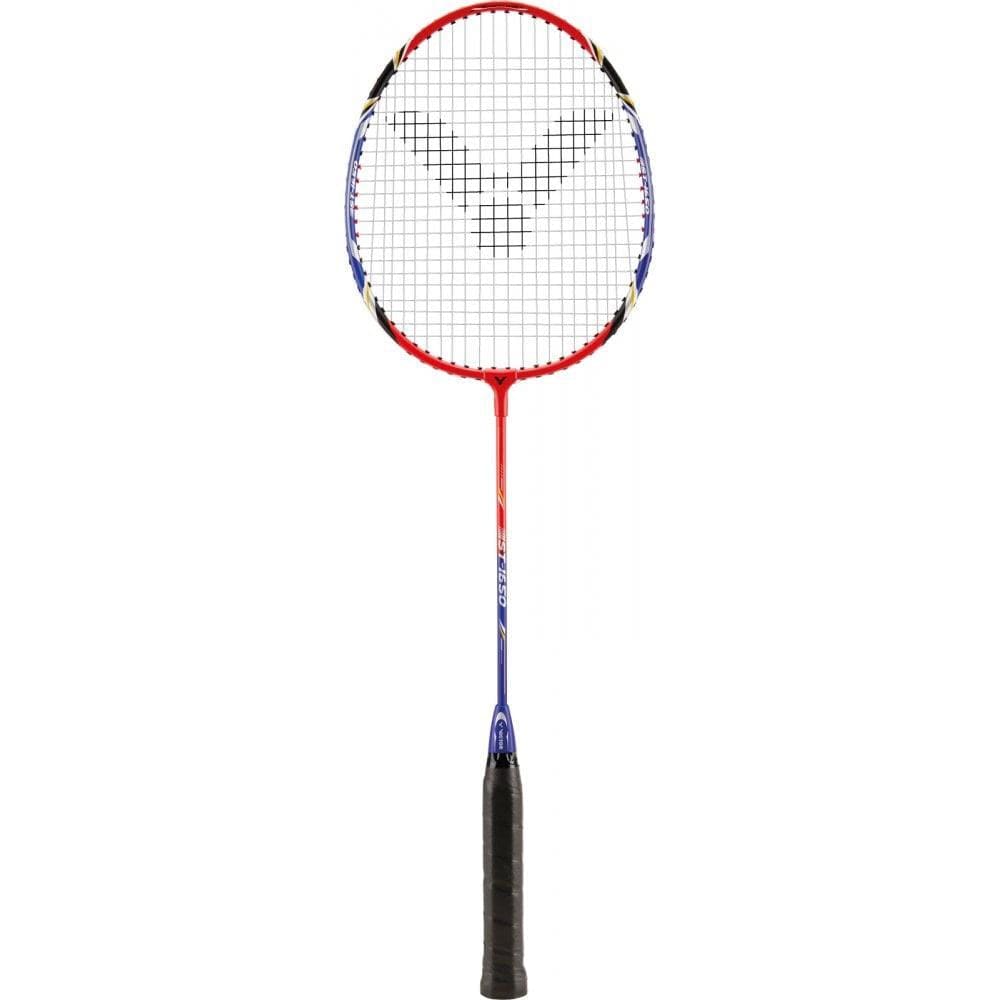 The Victor ST-1650 Badminton Racket - Red / Blue by Victor is perfect for beginners, featuring a bold red and blue design complemented by a black handle. Set against a white background, the strings showcase a distinctive black geometric logo.
