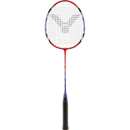 The Victor ST-1650 Badminton Racket - Red / Blue by Victor is perfect for beginners, featuring a bold red and blue design complemented by a black handle. Set against a white background, the strings showcase a distinctive black geometric logo.