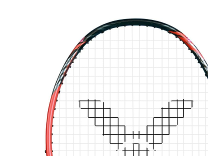 Close-up of a badminton racket showcasing the Victor Thruster Ryuga Metallic C 3U design in a striking black and red frame. The strings create an "X" pattern reminiscent of its iconic look, crafted with Metallic Carbon Fibre, making this piece pop against the plain white background.