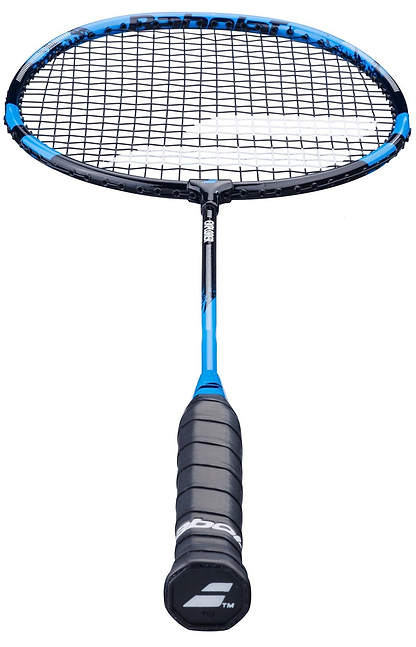 The Babolat Explorer 2026 Badminton Racket in blue and black is displayed vertically, featuring Babolat branding, a black grip handle, and an oval stringed head facing upward.