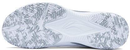The image displays the white sole of the Li-Ning Blast JF-01 Lite Unisex Badminton Shoes, with an intricate geometric tread for excellent grip and traction on the court.