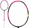 The Li-Ning BladeX 900 4U Badminton Racket in fluorescent pink features a black, pink, and yellow frame with a white grip. Shown are both the full racket and a close-up of its oval high-modulus carbon fibre head for top performance.