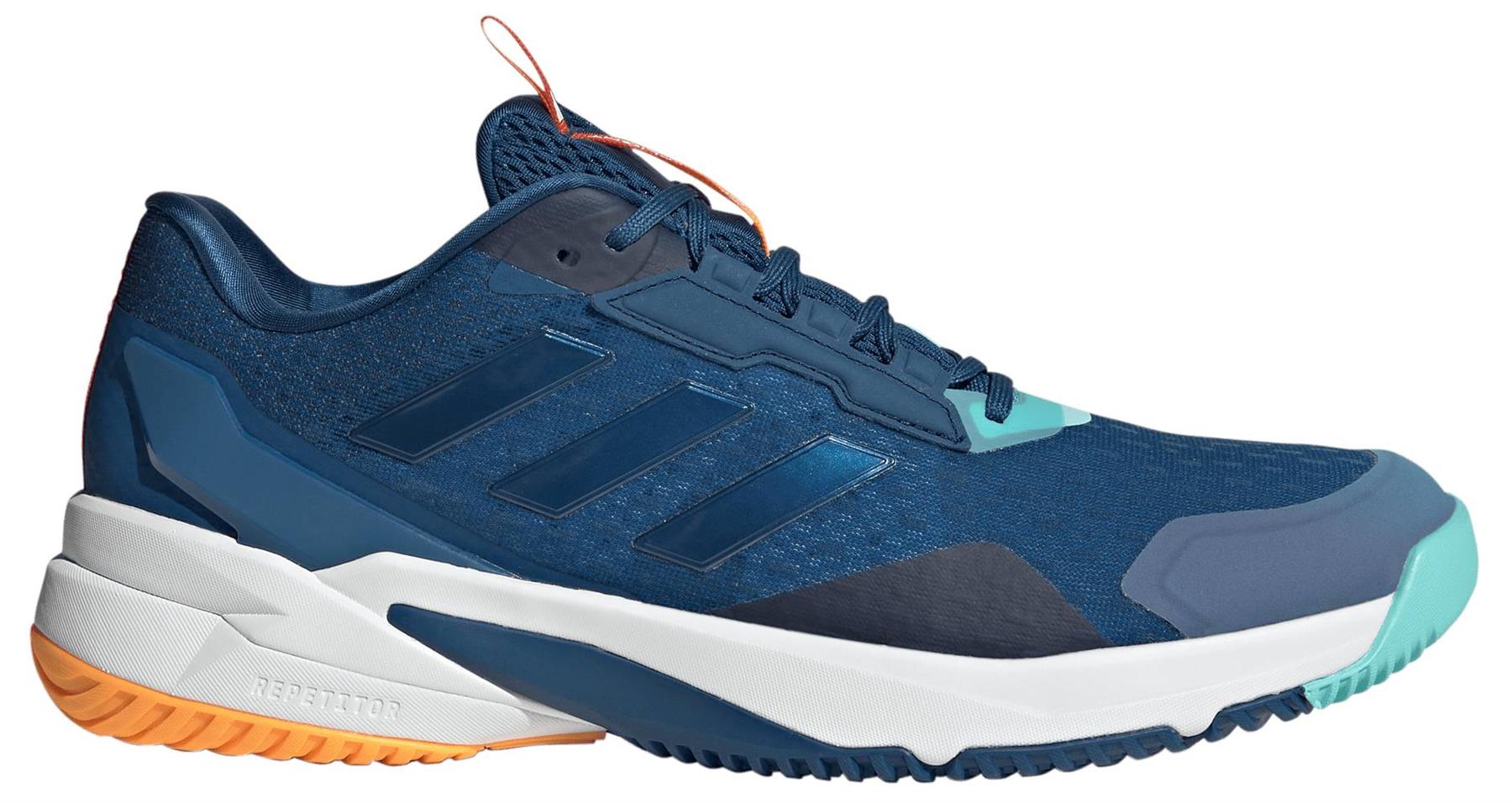 The adidas Crazyflight 6 Men’s Indoor Badminton Shoes in navy feature light blue and orange accents, three side stripes, a mesh upper, and a textured rubber sole with an orange heel—ideal for agile volleyball moves.