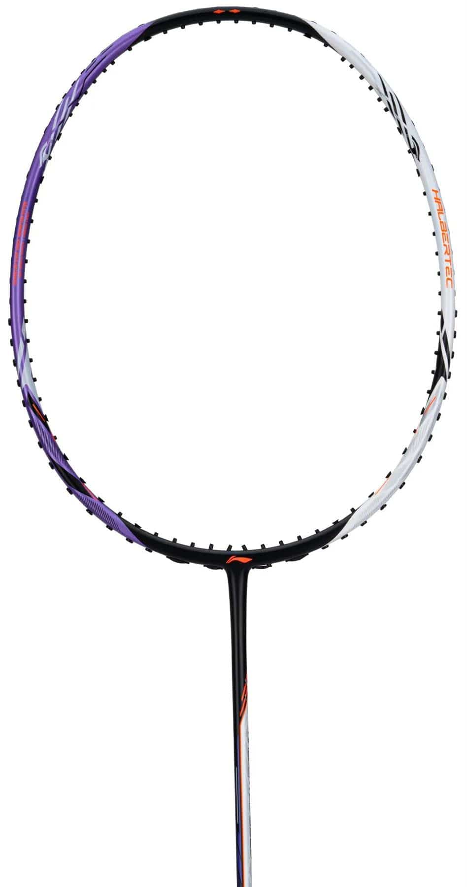 The Li-Ning Halbertec 5000 4U Badminton Racket by Li-Ning has a white and purple design with orange shaft details. Made from High Modulus Graphite, it’s shown on a white background.