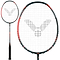 The Victor Thruster Ryuga Metallic C 3U badminton racket from the Victor brand displays a stylish black and red design, highlighted by a pixelated logo on the strings, and is made from Metallic Carbon Fibre, elegantly presented against a plain white background.