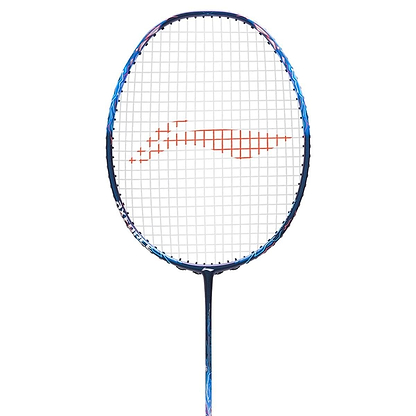 The Li-Ning Axforce 90 Dragon Max 4U Badminton Racket - Blue features a vivid blue frame paired with white strings and highlighted by a red designer pattern at the center. Specifically crafted for advanced players, its handle sports a patterned grip, enhancing its striking blue, white, and red color scheme.