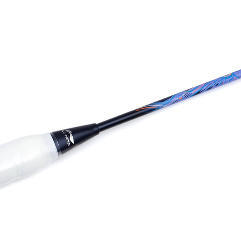 A close-up of the Li-Ning BladeX 900 Moon Max 3U badminton racket showcases its handle and shaft. The handle features an HDF Shock Absorbing System, wrapped in white grip tape, while the stiff shaft flex displays a vibrant abstract design in blue and purple hues. The Li-Ning brand logo is clearly visible on the handle.