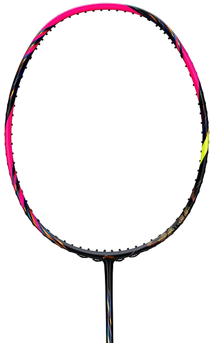 A close-up of the Li-Ning BladeX 900 4U Badminton Racket - Fluorescent Pink, featuring a black, pink, and yellow high-modulus carbon fibre frame, shown unstrung against a white background.