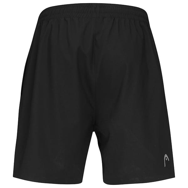 HEAD Club Mens Shorts in black, featuring MXM Technology for enhanced performance and designed with an elastic waistband, displayed from the back. The smooth fabric highlights a small, subtle HEAD logo near the hem on one side, making them perfect for sportswear enthusiasts who value both comfort and style.