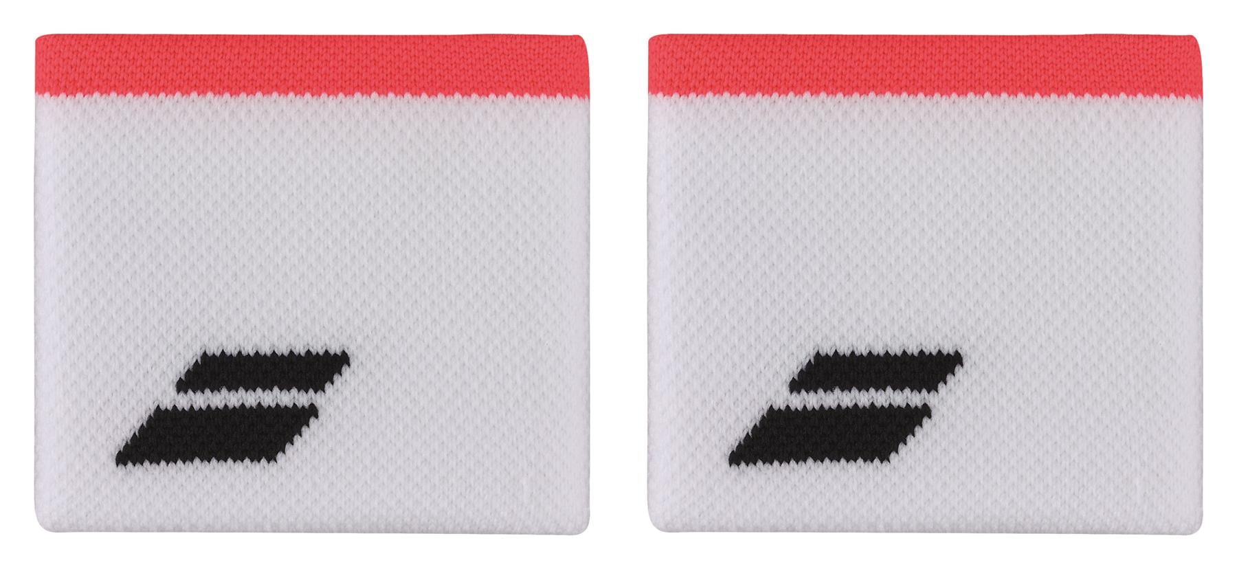 The Babolat Logo Wristband in White/Strike Red showcases two comfortable sports accessory wristbands featuring a black Babolat logo and red trim at the top. These absorbent wristbands are presented side by side against a pristine white background.
