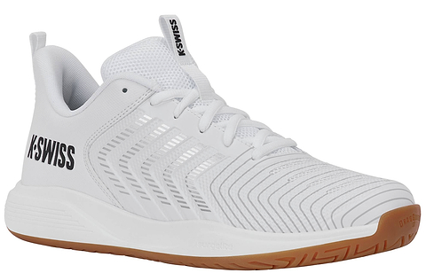 The K-Swiss Ultrashot Light Indoor Men's Badminton Shoe in White/Black/Silver features a breathable mesh upper, a non-marking gum rubber outsole, white laces, and distinctive black K-Swiss branding on the heel. Specially designed for indoor badminton, it also showcases a textured pattern along the sides and toe for added style.
