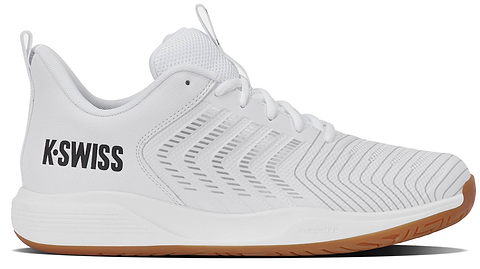 The K-Swiss Ultrashot Light Indoor Men's Badminton Shoes in White/Black/Silver feature textured design accents, a breathable mesh tongue, and a non-marking gum rubber outsole ideal for indoor badminton. The black K-Swiss logo is displayed on the heel.