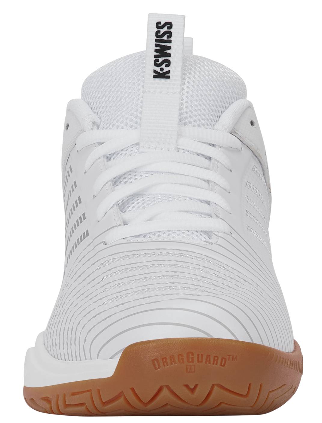 Front view of the K-Swiss Ultrashot Light Indoor Men's Badminton Shoe in White/Black/Silver, featuring a non-marking gum rubber outsole. "K-SWISS" appears on the tongue pull tab, with "DRAGGUARD" text visible on the front edge of the sole.