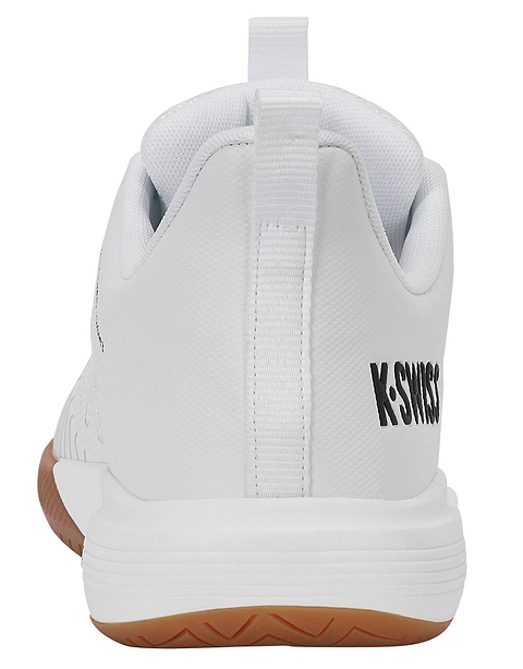 Rear view of the K-Swiss Ultrashot Light Indoor Men's Badminton Shoe in white, black, and silver, featuring a brown non-marking gum rubber outsole, pull tab, and the K-Swiss logo in black on the heel.