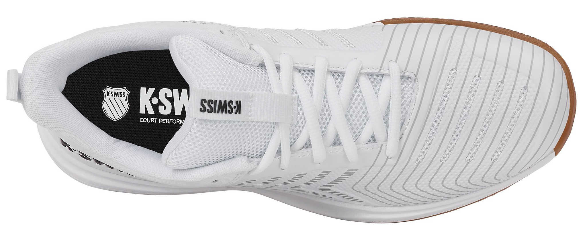 Top view of a K-Swiss Ultrashot Light Indoor Men's Badminton Shoe in White/Black/Silver, featuring a breathable mesh upper, white laces, black insole branding, and a brown non-marking gum rubber outsole edge.