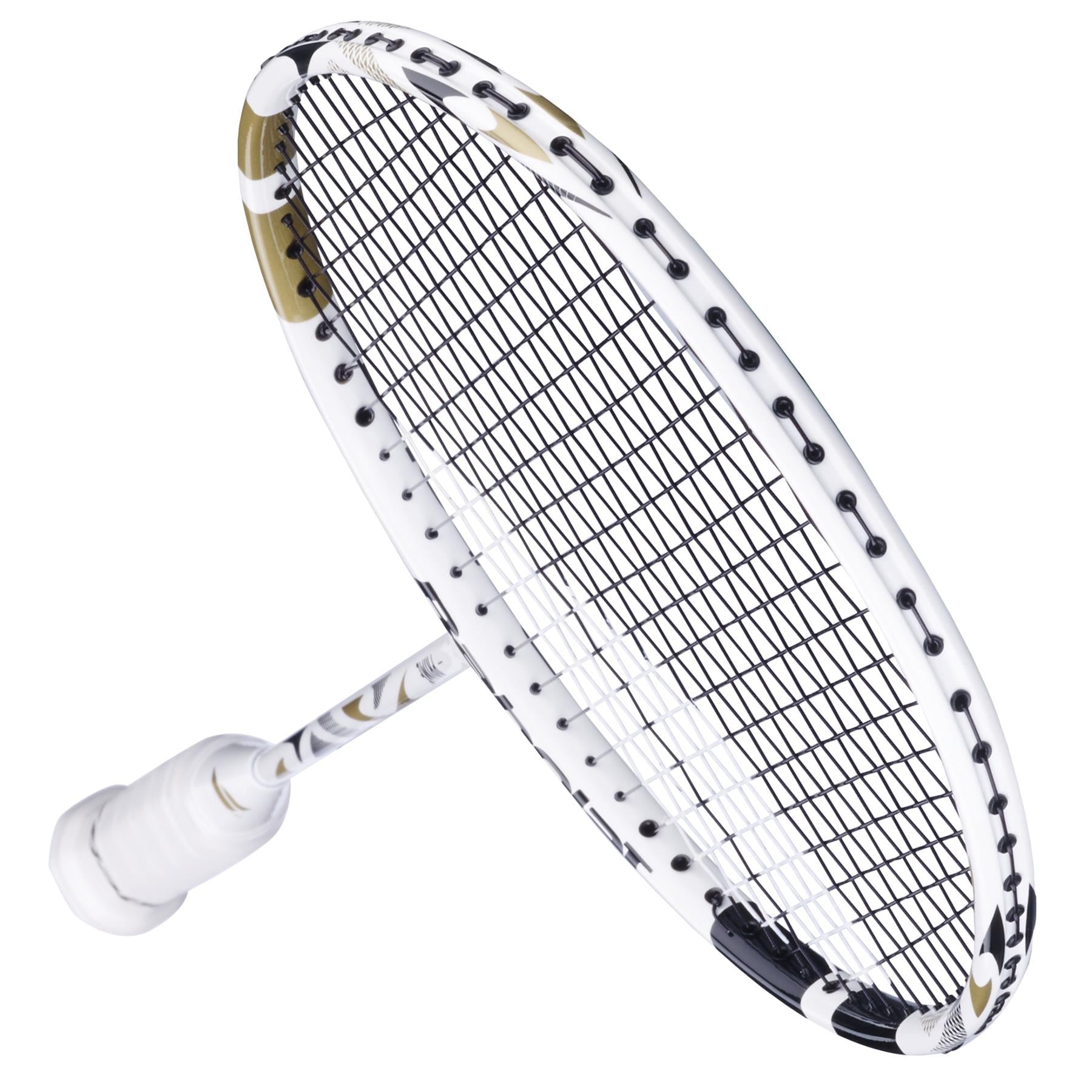 The Babolat Prime 2026 Badminton Racket in white and gold, angled upright next to a shuttlecock, features black strings and a lightweight design, making it an ideal beginner racket.