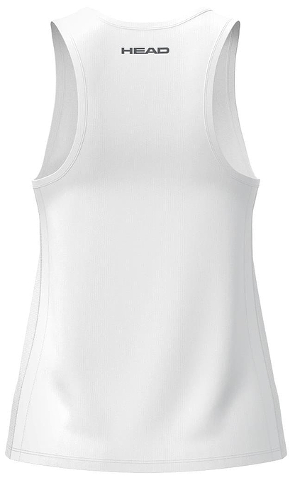 The back of the HEAD Club 25 Tech Women's Badminton Tank Top in white displays "HEAD" in black. It features a racerback design and a smooth texture with moisture-wicking properties from its Moisture Transfer Microfiber technology.