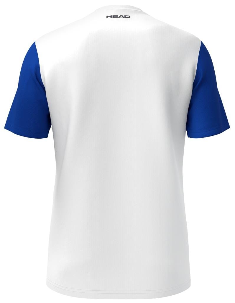 Back view of the HEAD Club Tech 25 Men's Badminton T-Shirt in Royal Blue/White, featuring "HEAD" near the collar on the upper back. This breathable sports tee is crafted from moisture transfer microfiber for optimal comfort.
