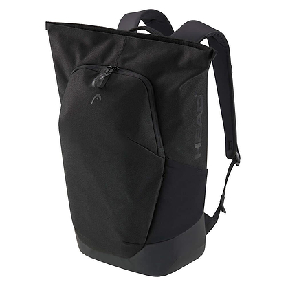 The HEAD Pro X Badminton Backpack 25L - Black features a large front zipper pocket, sturdy shoulder straps, a special racket compartment, an urban minimalist design, and "HEAD" printed vertically on the side.