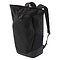 The HEAD Pro X Badminton Backpack 25L - Black features a large front zipper pocket, sturdy shoulder straps, a special racket compartment, an urban minimalist design, and "HEAD" printed vertically on the side.