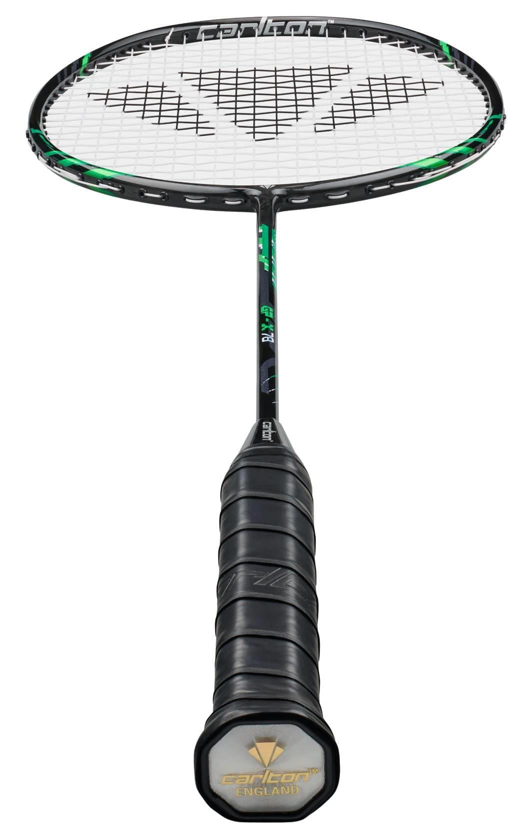 A close-up of the Carlton GP-X 78 5U Badminton Racket - Black / Green by Carlton, featuring the grip, shaft, and stringed head of this head heavy racket crafted with Japanese High Modulus Graphite, set against a white background.