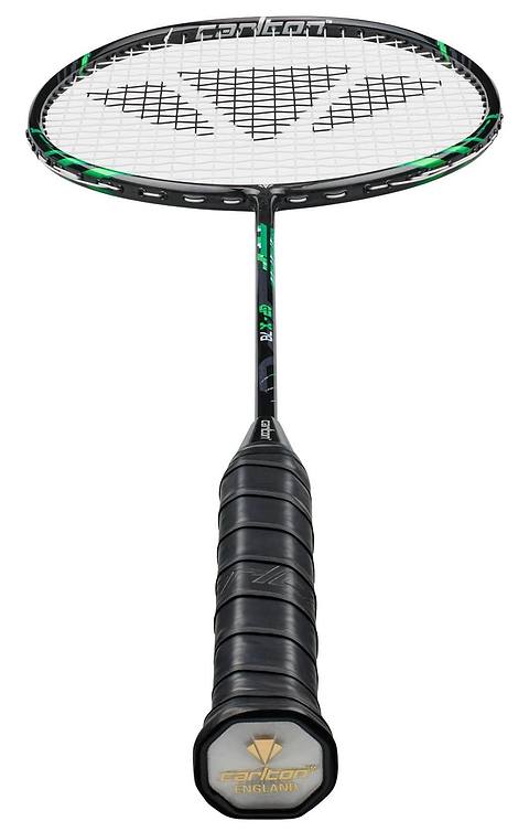 A close-up of the Carlton GP-X 78 5U Badminton Racket - Black / Green by Carlton, featuring the grip, shaft, and stringed head of this head heavy racket crafted with Japanese High Modulus Graphite, set against a white background.