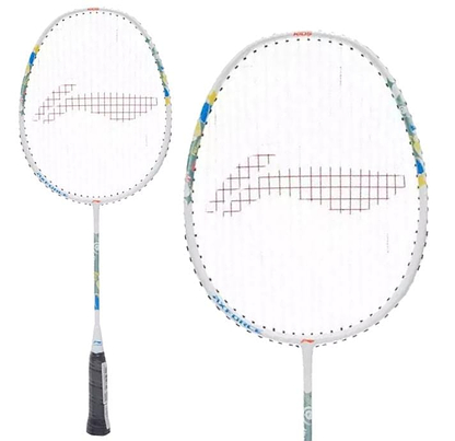 The Li-Ning Axforce Kids Play Junior Badminton Racket in Pearl White features a lightweight build, white strings with a swoosh-like center design, black grip tape on handles, and colorful accents on its plain white frame.