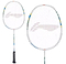 The Li-Ning Axforce Kids Play Junior Badminton Racket in Pearl White features a lightweight build, white strings with a swoosh-like center design, black grip tape on handles, and colorful accents on its plain white frame.
