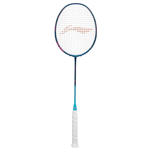 The Li-Ning Axforce 50 4U Badminton Racket - Blue features a blue frame complemented by white strings and grip. Designed for advanced players, the racket's strings display a small red logo. The handle is wrapped in white material to ensure a secure grip, presenting a sleek and modern design ideal for high-level play.