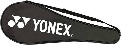 The Yonex Full Size Badminton Racket Cover - Black provides full racket protection, features a white Yonex logo, and comes with an adjustable shoulder strap for convenient carrying.