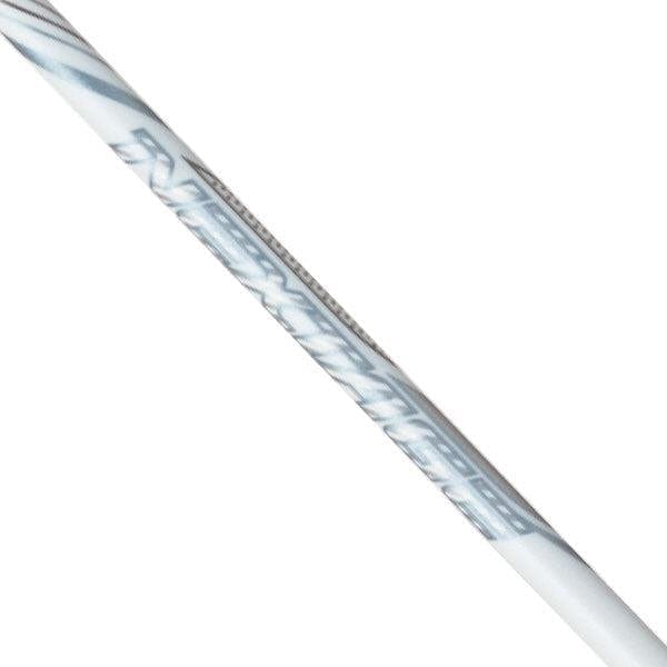 A close-up of the Yonex Nanoflare Nextage 4U Badminton Racket in White/Grey shows its sleek shaft with subtle graphic patterns, set against a plain white background—ideal for intermediate players.