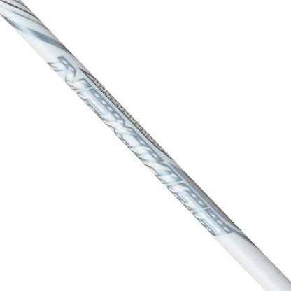A close-up of the Yonex Nanoflare Nextage 4U Badminton Racket in White/Grey shows its sleek shaft with subtle graphic patterns, set against a plain white background—ideal for intermediate players.