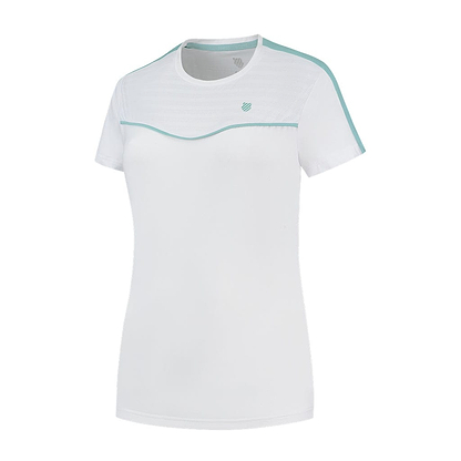 The K-Swiss Tac Hypercourt Round Neck Badminton Top 2 in white, with its light blue trim and subtle wave design on the front, is crafted from lightweight, breathable fabric. It's ideal for activities like badminton or casual wear.