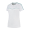 The K-Swiss Tac Hypercourt Round Neck Badminton Top 2 in white, with its light blue trim and subtle wave design on the front, is crafted from lightweight, breathable fabric. It's ideal for activities like badminton or casual wear.