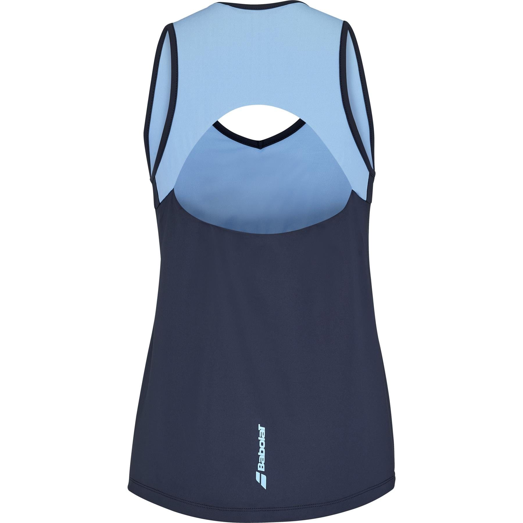 The Babolat Drive Women's Badminton Tank Top features a sleeveless design with light blue mesh on the upper section and dark blue on the lower. Made with Fiber Dry-polyester for breathability, it has a large back cutout and the white "Babolat" logo near the bottom hem.