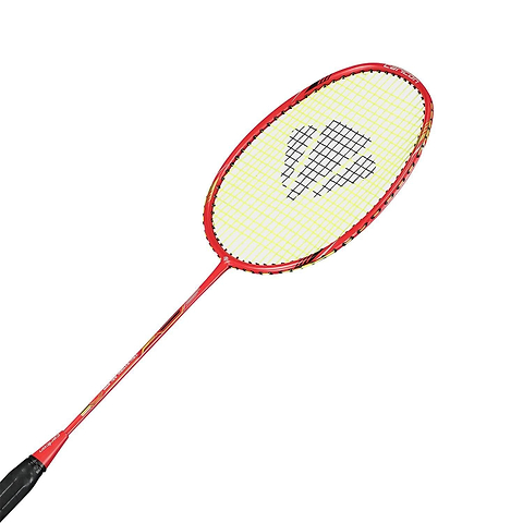 The Carlton Tru-Storm ASi 200 Badminton Racket by Carlton is a durable choice for beginners, featuring a red frame, yellow strings, and a black grip, shown on a white background.